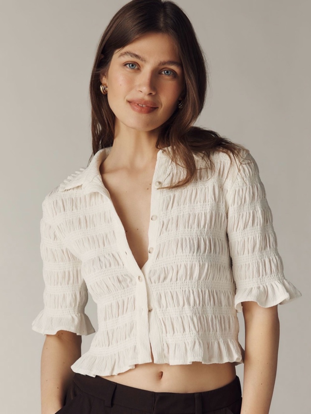 Maeve Smocked Button-Front Top Cream/White